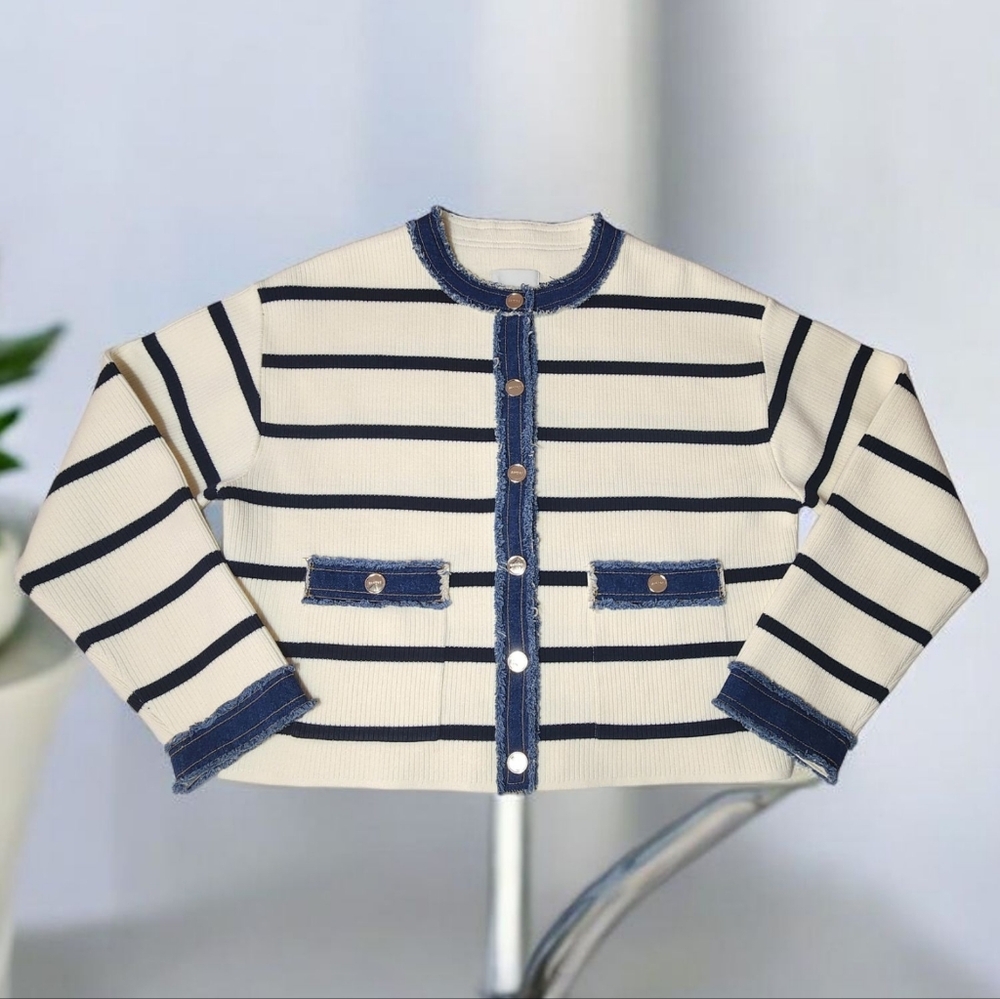 Sandro Paris Navy and Cream Striped Cardigan with Denim Details - Picture 2 of 11